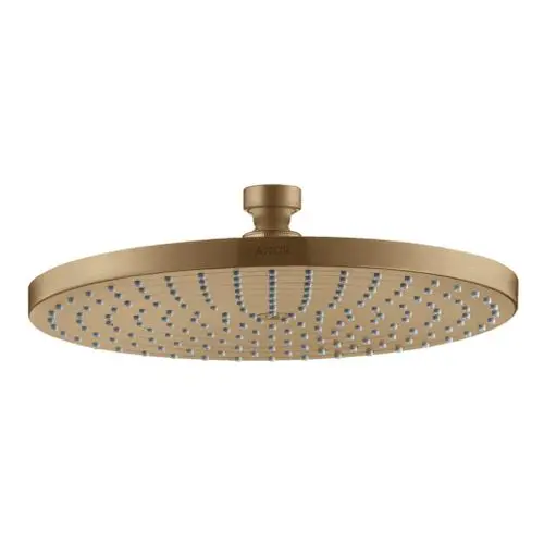 Runde Kopfbrause aus gebürstetem Bronze mit gleichmäßig verteilten Wasserstrahlen, markiert mit AXOR, einfaches und funktionales Design.